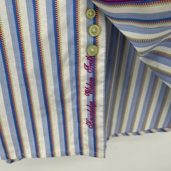 ROBERT GRAHAM Blue White Orange Stripe Embroidered Cuff Button Up Dress Shirt XL - Picture 6 of 9